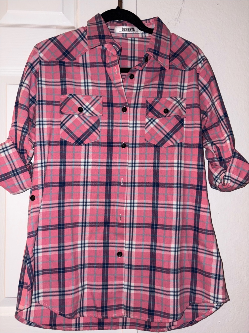 OCHENTA Pink Plaid Women's Shirt-Style Skirt